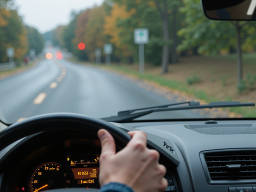 驾驶教学场景，教练在副驾驶位置指导学员操作方向盘，车内视角