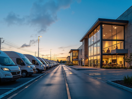 本地驾校考试中心外景，现代化建筑，停车区域，考试车辆整齐排列